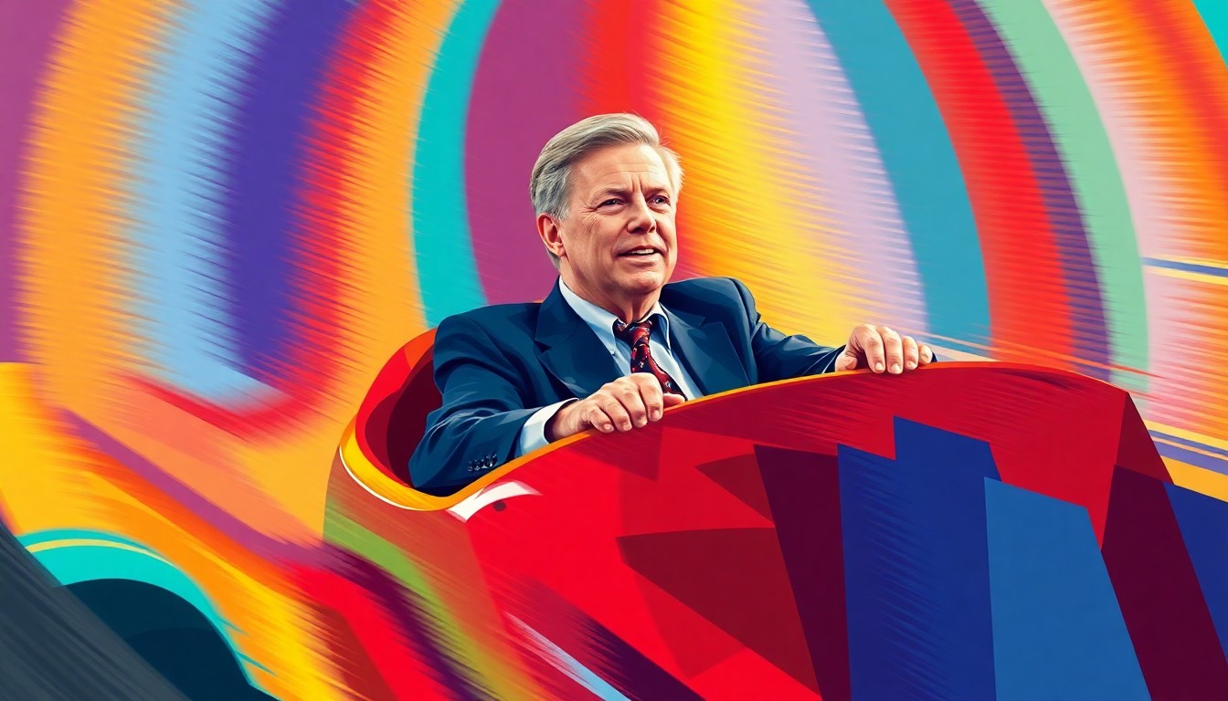 A dynamic, abstract painting depicting a fractured, overlapping image of a roller coaster ride, with bright splashes of red, blue, and yellow conveying a sense of motion and energy.