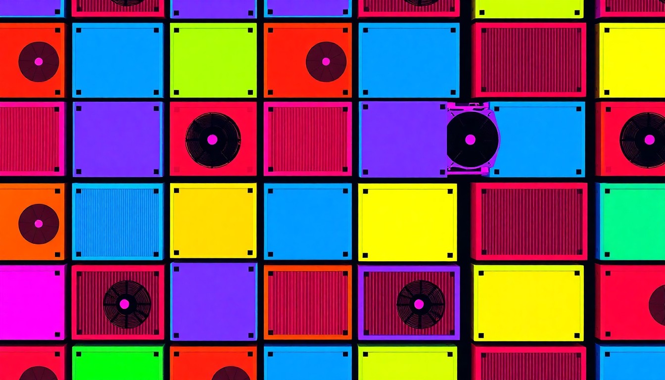 A brightly colored, high-contrast silkscreen print of an industrial air filtration system repeated in a tight grid pattern, utilizing flat, vibrant, and unnatural neon color palettes overlapping with heavy black photographic outlines to turn an everyday industrial object into modern pop art, conceptually representing the disruptive noise from the Hauppauge Industrial Park.