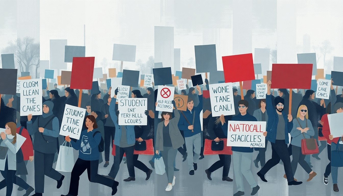 A dynamic, abstract painting in shades of gray, blue, and red featuring overlapping, fragmented shapes and lines that suggest the movement and energy of a group of protesters marching with picket signs, conveying the urgency and frustration of the student demonstration on the CWU campus.