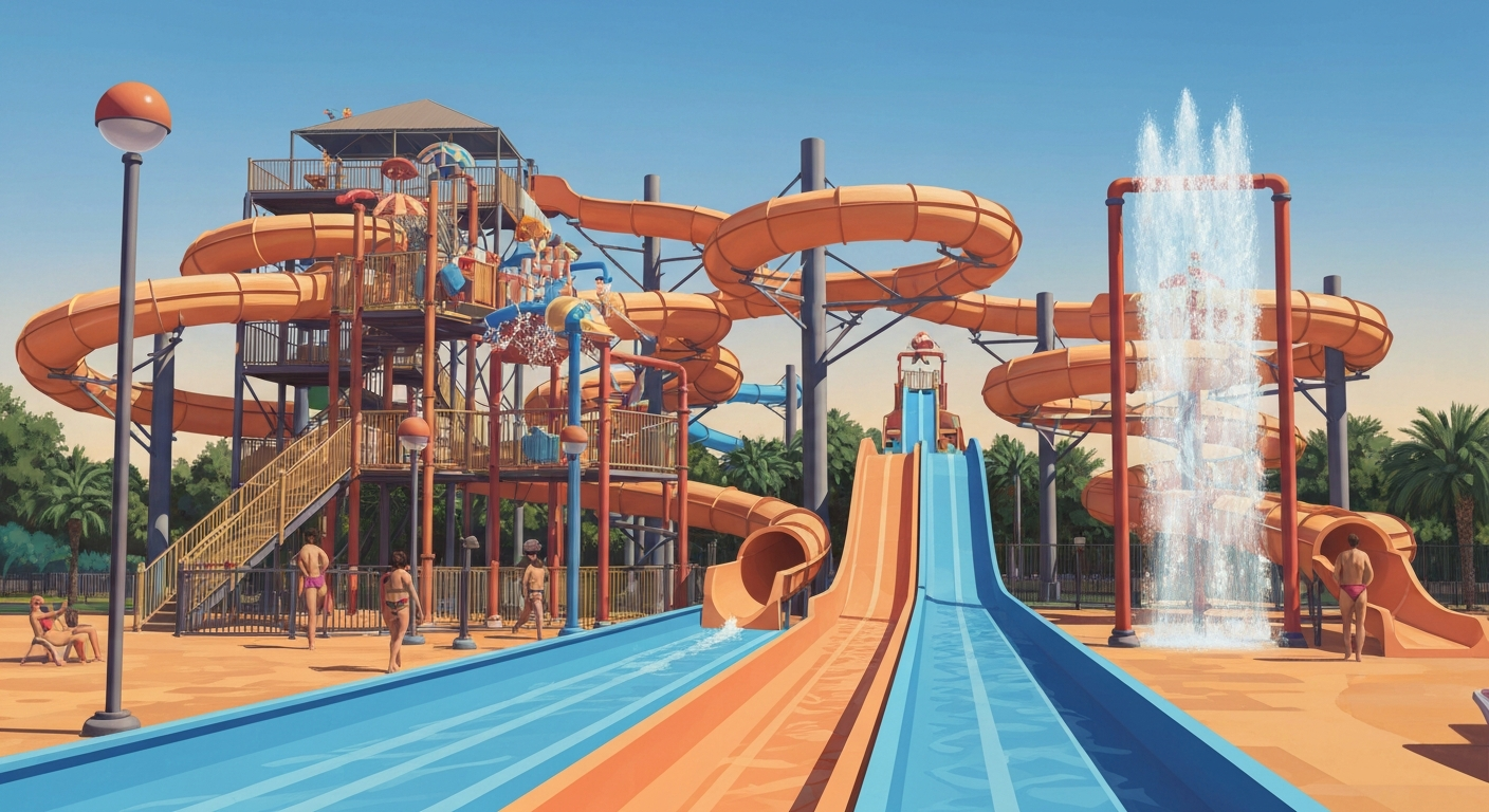 A bold, geometric illustration in the Art Deco style, depicting the sweeping, streamlined forms of a family-friendly water park attraction with towering splash pads and water slides, conveying the grand scale and excitement of the new Lazy Lobster Lagoon at Funtown Splashtown USA.