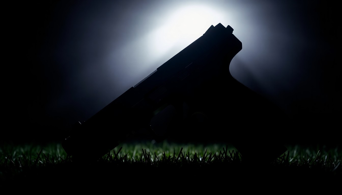 An extreme close-up photograph of a handgun on the grass, lit by a harsh, direct camera flash against a pitch-black background, conveying the stark, gritty, investigative nature of the crime scene.