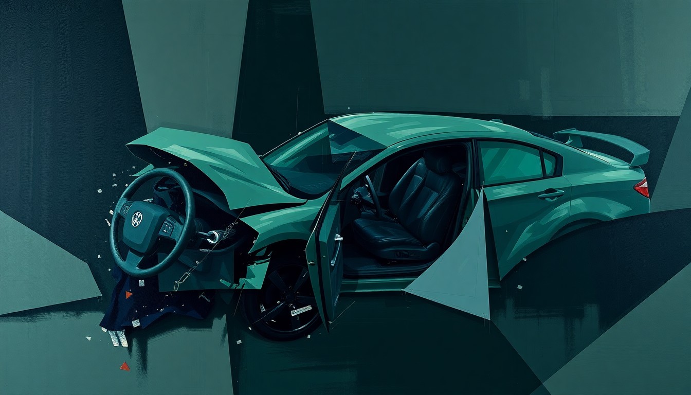 A fractured, geometric painting depicting the scene of a car crash, with sharp planes of dark colors and muted tones conveying a sense of disruption and personal difficulty.