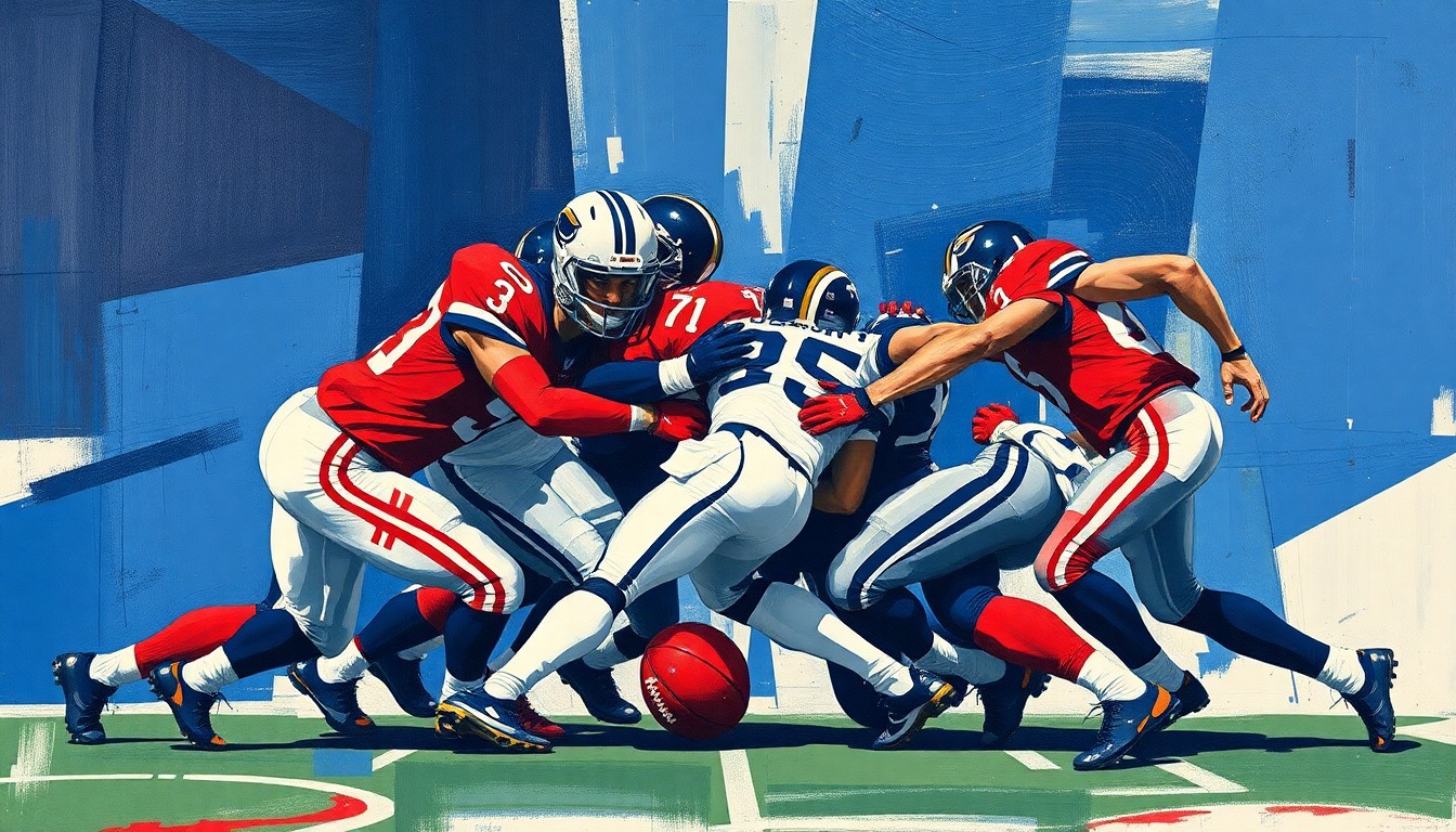 A fragmented, abstract painting depicting a football defensive play broken down into sharp, overlapping planes of navy, red, and white, conceptually representing the Chiefs' efforts to rebuild their secondary.