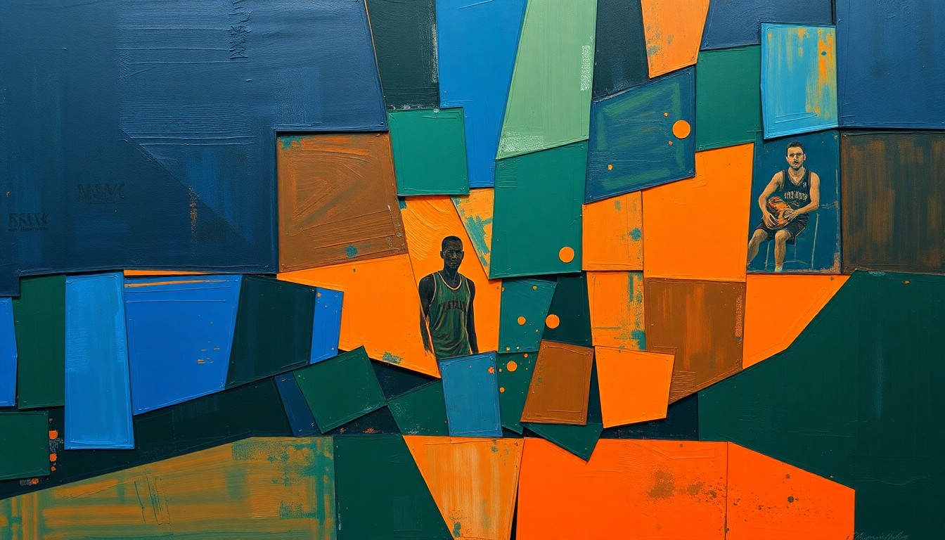 A cubist, geometric painting depicting a basketball game or match, with sharp, overlapping planes of navy blue, burnt orange, and forest green, conveying the strategic complexity of the sport.