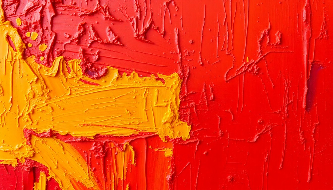 An extreme close-up of a vibrant, textured oil painting in shades of red, orange, and yellow, showcasing the bold, expressive brushstrokes and capturing the dynamic nature of the contemporary art scene in Santa Fe.