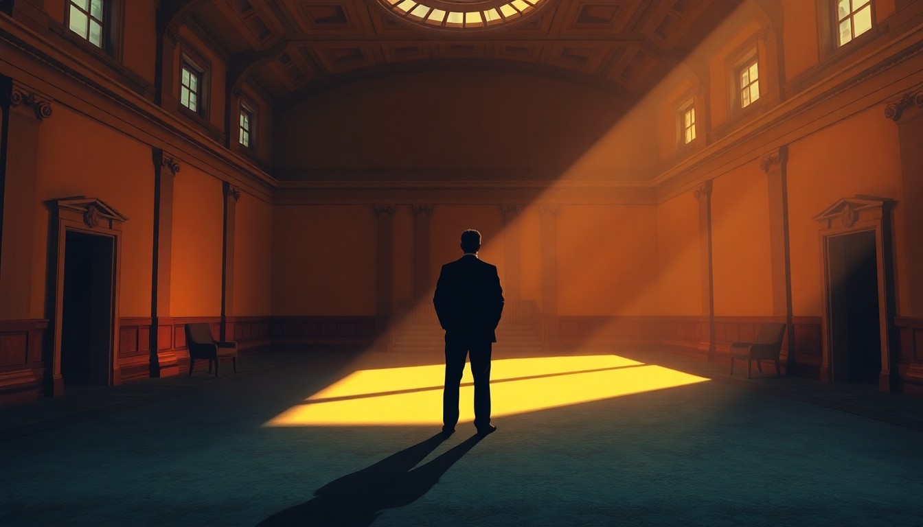 A cinematic painting of a lone political figure standing in an empty government building, the space bathed in warm, diagonal sunlight and deep shadows, conveying a sense of solitude and the challenges of leadership.