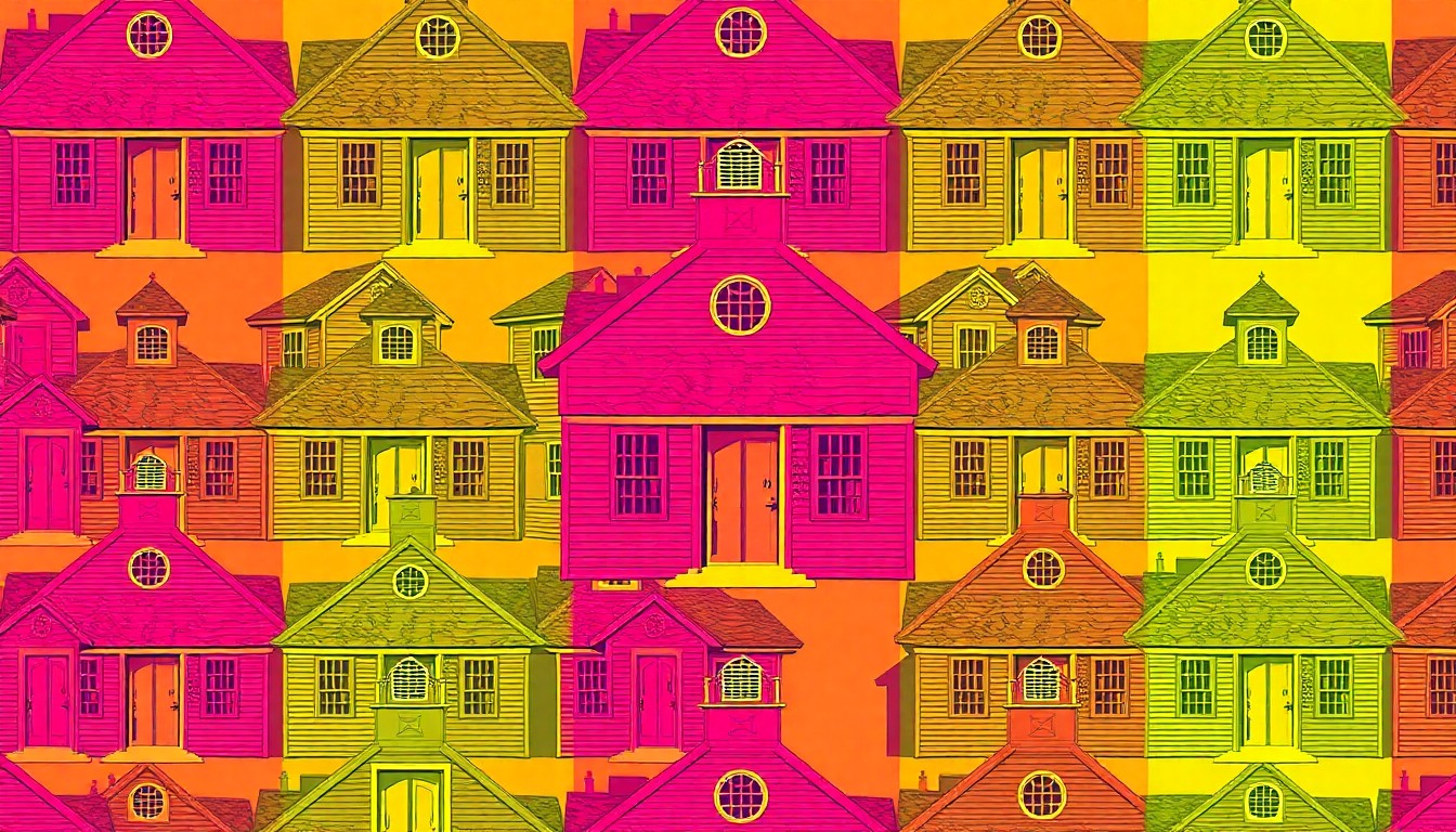 A brightly colored, high-contrast silkscreen print of a vintage wooden schoolhouse, repeated in a tight grid pattern, capturing the iconic nature of this historic structure in a modern, artistic style.