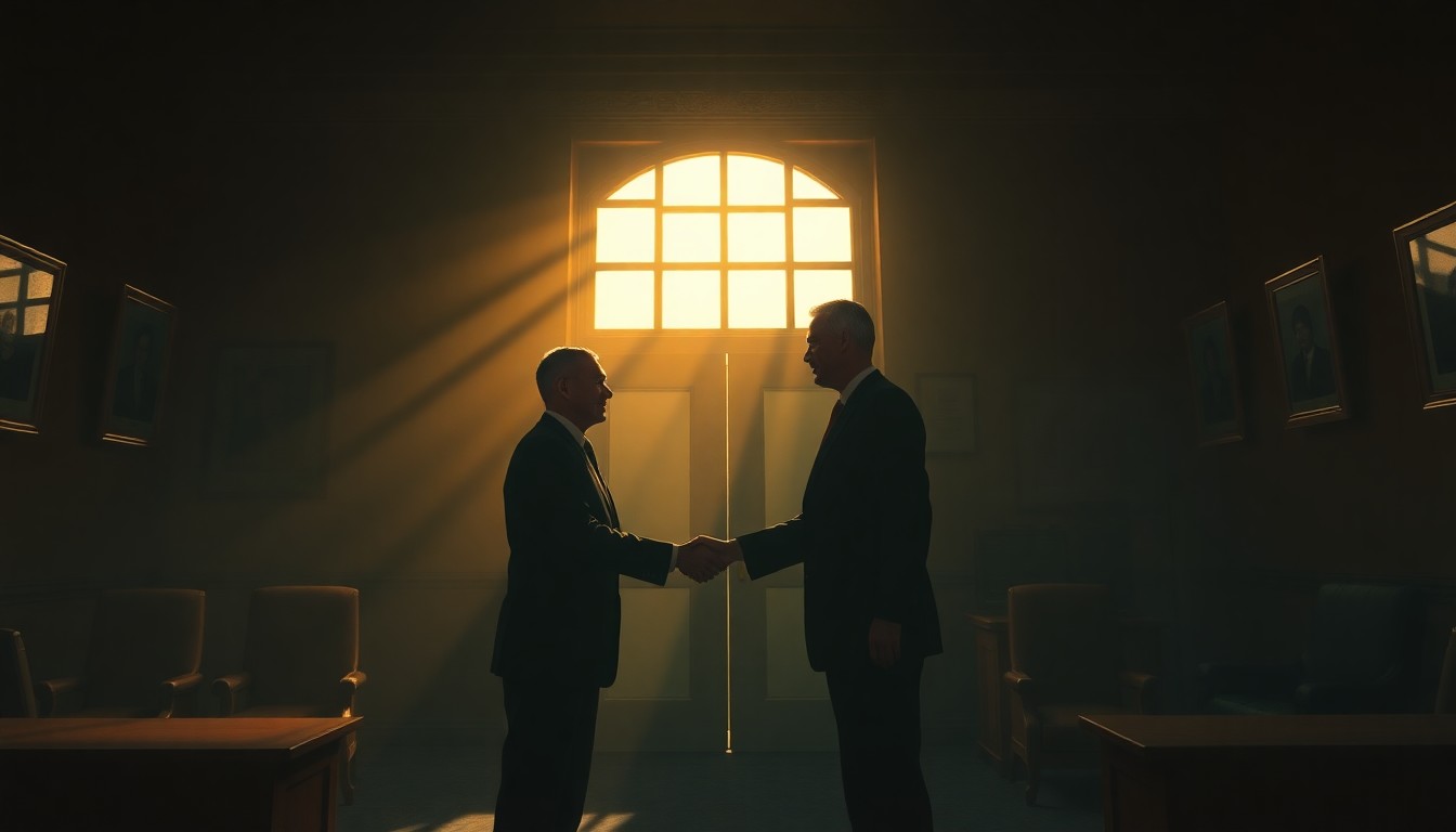 A moody, atmospheric painting depicting two men in suits shaking hands in a dimly lit government office, the scene bathed in warm, dramatic lighting and deep shadows, conceptually representing a tense diplomatic encounter.
