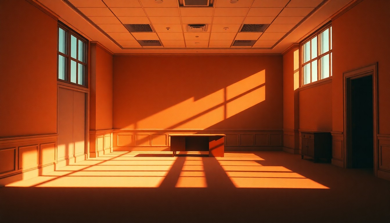 A dimly lit, empty government office space with sparse furniture and a lone desk by a window, the scene bathed in warm, golden light and deep shadows, conveying a sense of political uncertainty and the hardship faced by federal workers during the government shutdown.