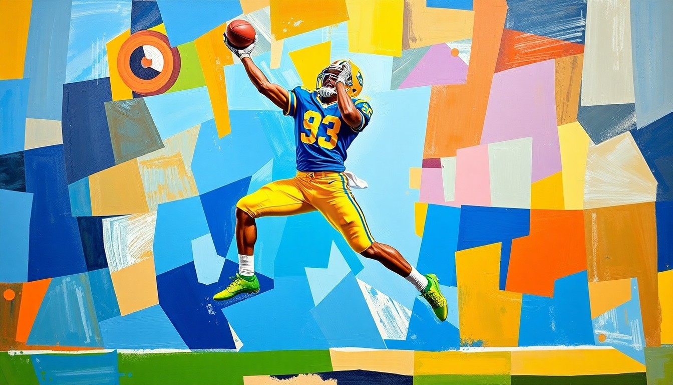 A fractured, multi-perspective painting depicting a college football player making a leaping catch, with the player's body broken down into sharp, overlapping geometric planes in vibrant blue and gold colors.
