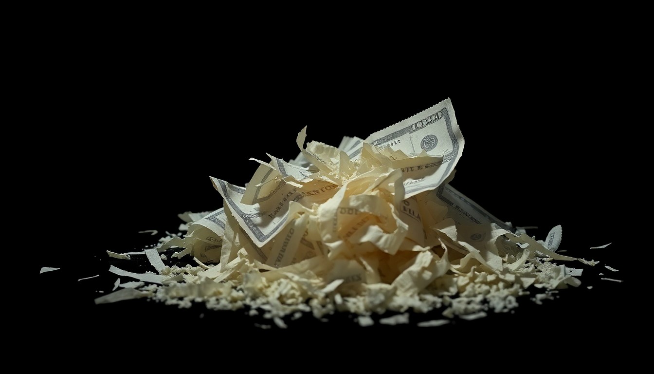 An extreme close-up photograph of a shredded financial document or crumpled check, dramatically lit by a harsh camera flash against a dark background to create a stark, gritty aesthetic representing the hidden details of a major theft crime.