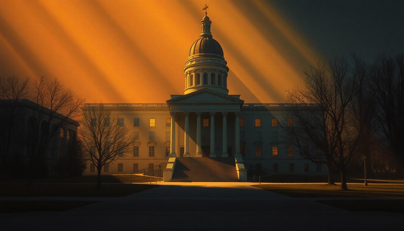 A photorealistic painting of an empty Iowa state capitol building, with warm sunlight streaming through the windows and deep shadows across the facade, evoking a sense of quiet contemplation about the state's political future.