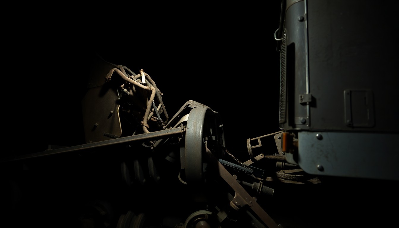 An extreme close-up photograph of twisted metal debris, including a crushed truck tire and mangled train parts, conveying the gritty aftermath of a serious transportation accident.