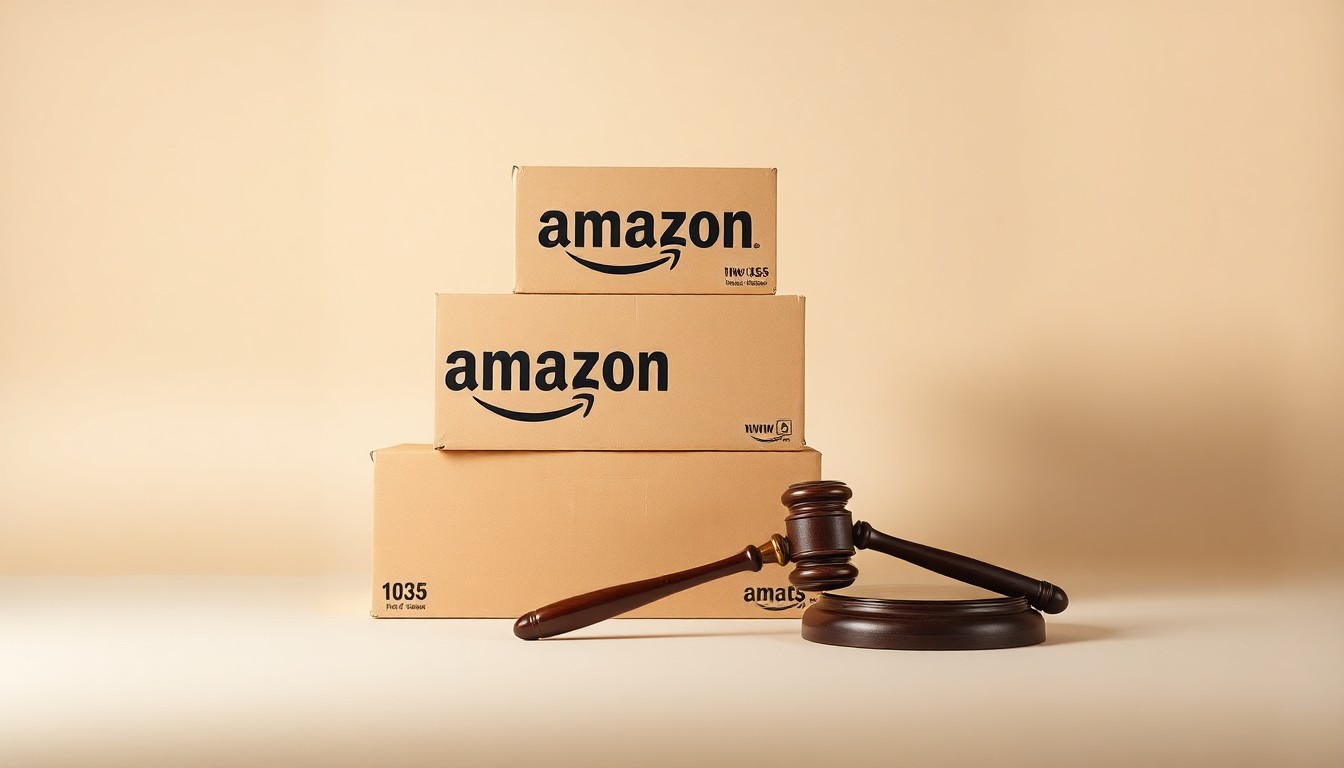A photorealistic studio still life featuring a stack of Amazon shipping boxes, a Teamsters union logo, and a gavel, symbolizing the legal battle and corporate strategy behind the NLRB's decision to order Amazon to recognize the union.