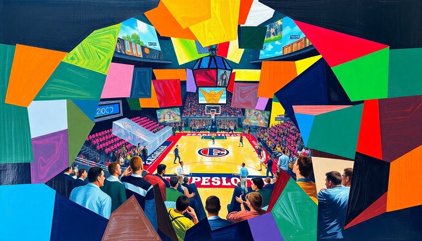 A cubist, geometric painting depicting the action of a college basketball game, with overlapping planes of color representing the players and the court. The composition emphasizes the size and length of the players, conveying the importance of frontcourt dominance in this year's Final Four.