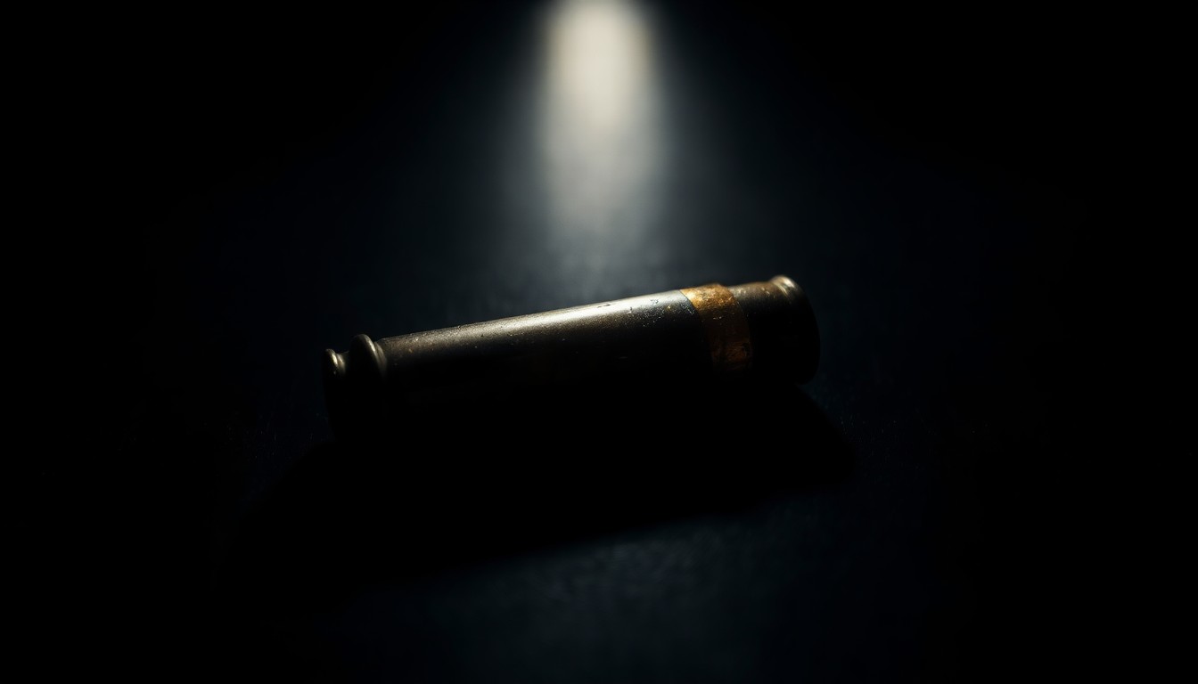 An extreme close-up photograph of a single bullet casing on a dark surface, the harsh lighting and stark contrast creating a gritty, investigative aesthetic that conceptually represents the violent crime without depicting any actual violence.
