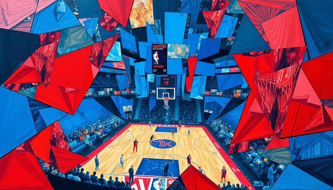 A cubist, geometric painting depicting the fragmented forms of a basketball arena, with overlapping planes of bright blue, red, and metallic silver, conveying the dynamic energy and potential transformation of downtown Las Vegas.