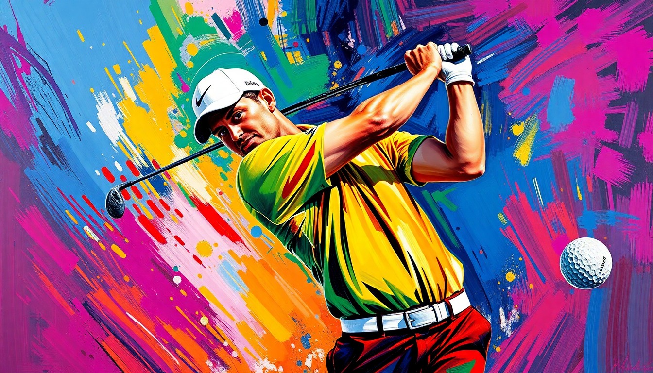 An abstract, energetic painting featuring bold, neon-colored brushstrokes that convey the powerful motion and intensity of a professional golfer's swing.