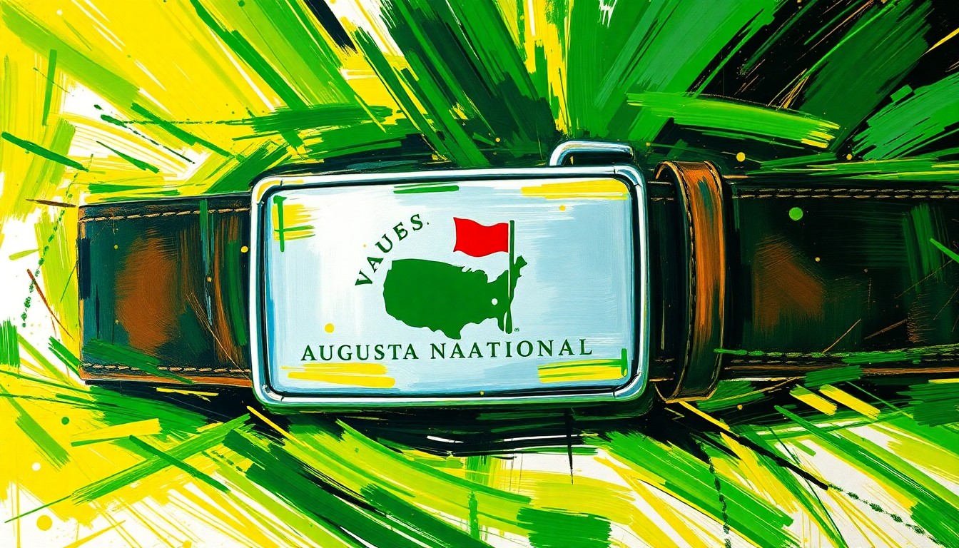 A close-up of a leather belt buckle featuring the Augusta National logo, surrounded by vibrant, expressionist brushstrokes in neon greens, golds, and blacks, conceptually representing the luxury and energy of a premium golf accessory.
