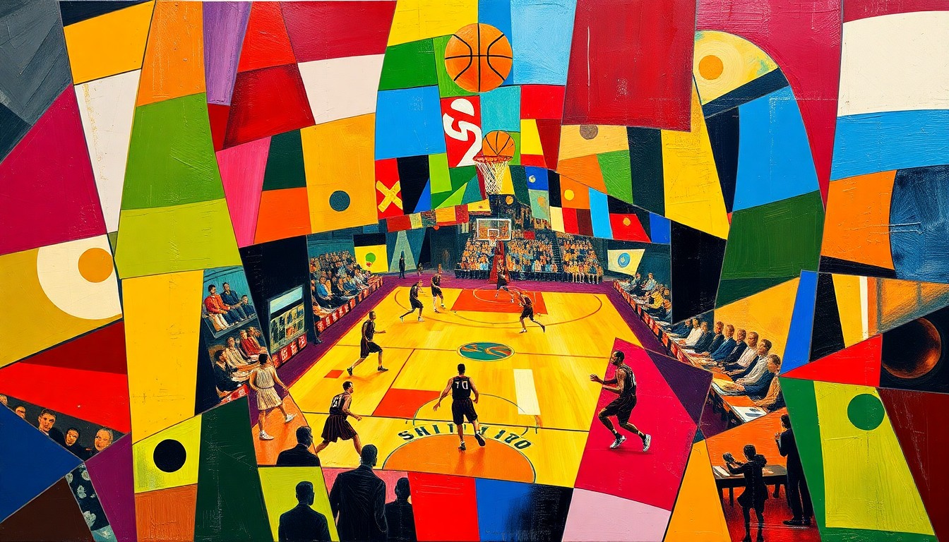 A cubist, multi-perspective painting breaking down a basketball game into sharp, overlapping geometric shapes and planes in the team's official colors, conceptually representing the physical nature of the sport.