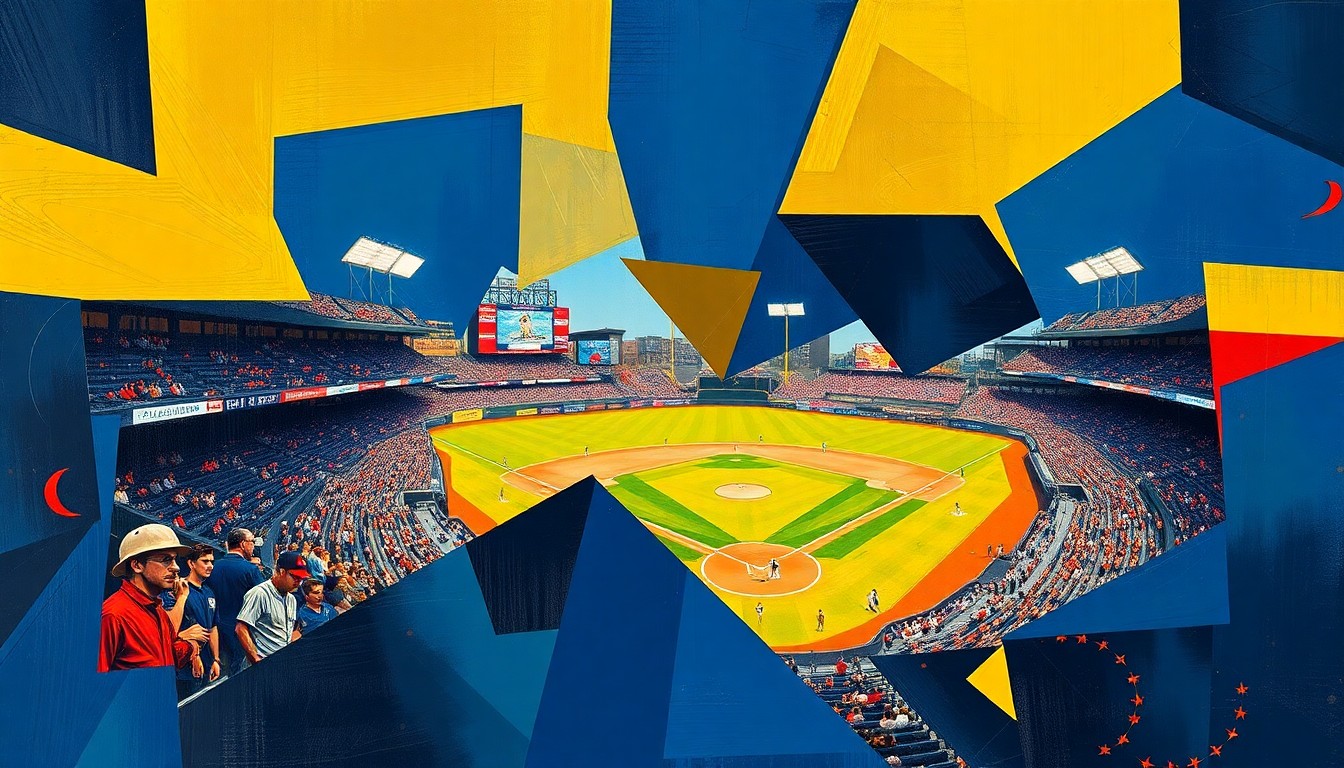 A fragmented, geometric painting depicting the dynamic motion and energy of a college baseball game, with sharp planes of navy, gold, and crimson red colliding to create a sense of movement and intensity.