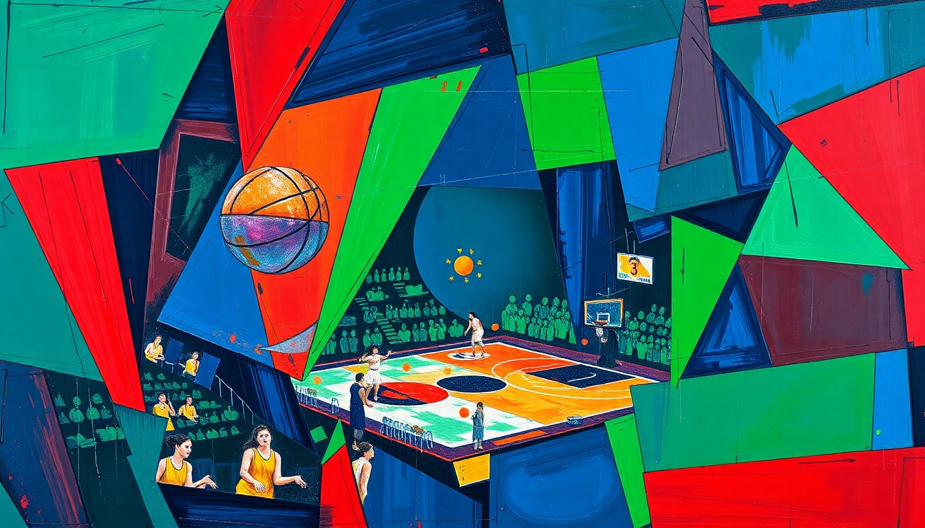 A fractured, cubist-style painting depicting a women's basketball game, with the court and players broken down into sharp, overlapping geometric shapes in a vibrant color palette, conveying the intense energy and physicality of the sport.