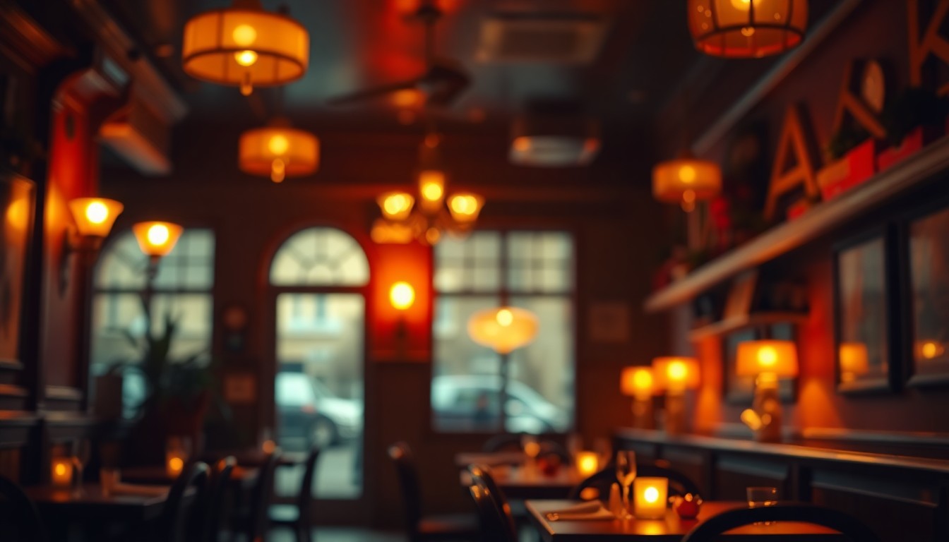 An abstract, blurred image of a restaurant interior, with warm lighting and muted colors creating a cozy, welcoming atmosphere.