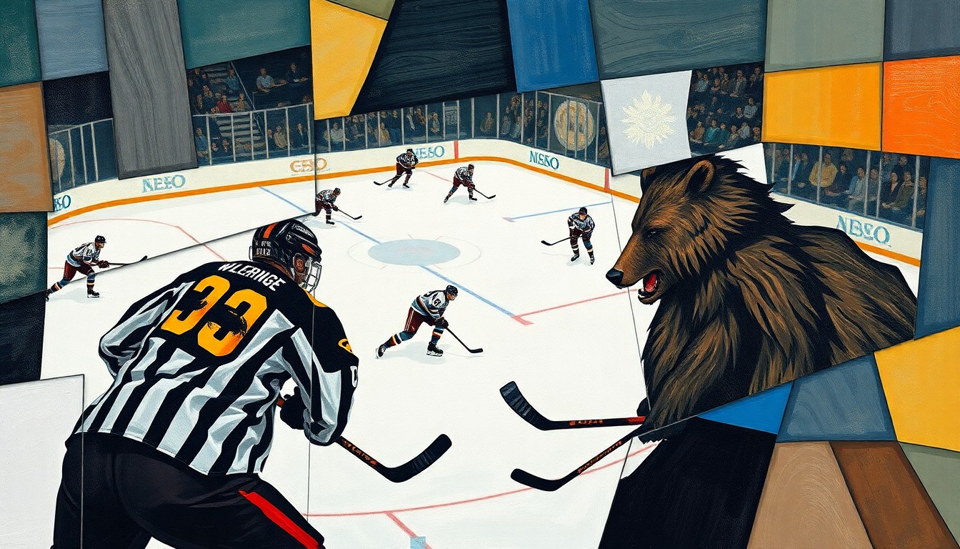 A fragmented, cubist-style painting depicting the dynamic action of a hockey game between two Alaska-based teams, with players and the puck represented through sharp, overlapping geometric shapes and planes of color.