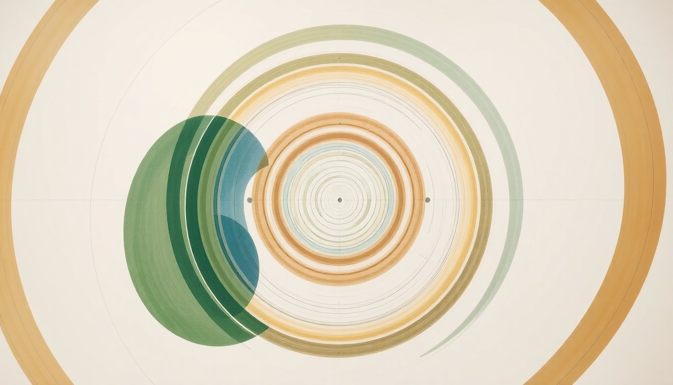 A highly structured abstract painting in soft, earthy tones of green, brown, and blue, featuring sweeping geometric arcs, concentric circles, and precise botanical spirals, conceptually representing the complex algorithms and interconnected systems of the University of Chicago's autonomous research platform.