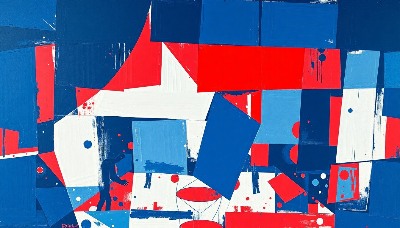 A cubist, geometric painting depicting a fragmented basketball game, with sharp planes of navy, crimson, and white overlapping to create a dynamic, abstract scene.