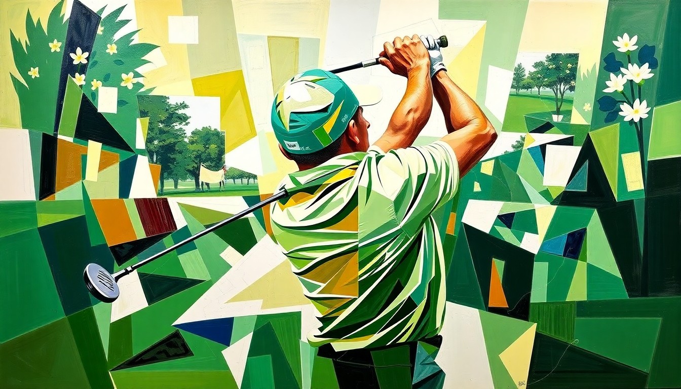 A cubist, geometric painting depicting a fractured, multi-perspective view of a golfer's swing and the clubs used to win the Masters Tournament, rendered in vibrant greens, browns, and whites.