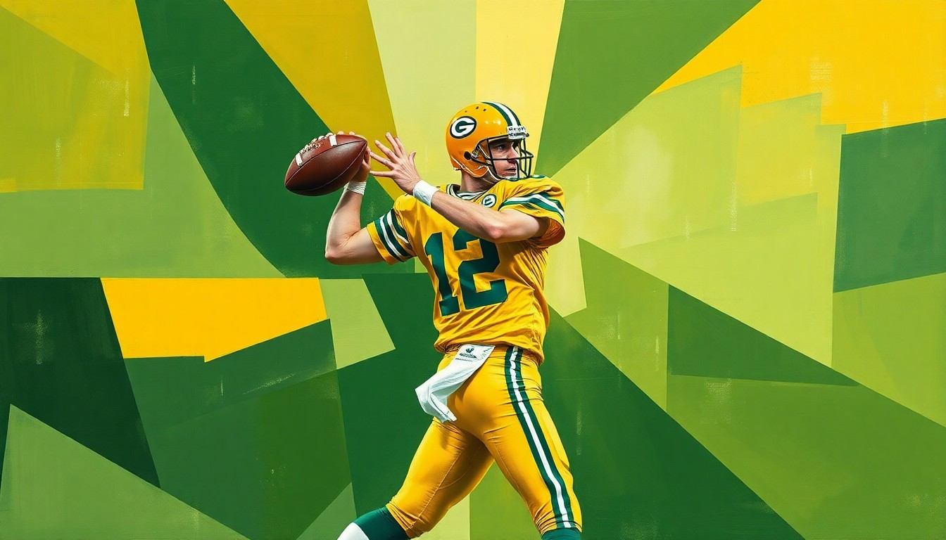 A cubist, geometric painting depicting a Packers quarterback in motion, with the player's form broken down into sharp, overlapping planes of green and gold, capturing the complexity of the team's search for a successor to their veteran starter.