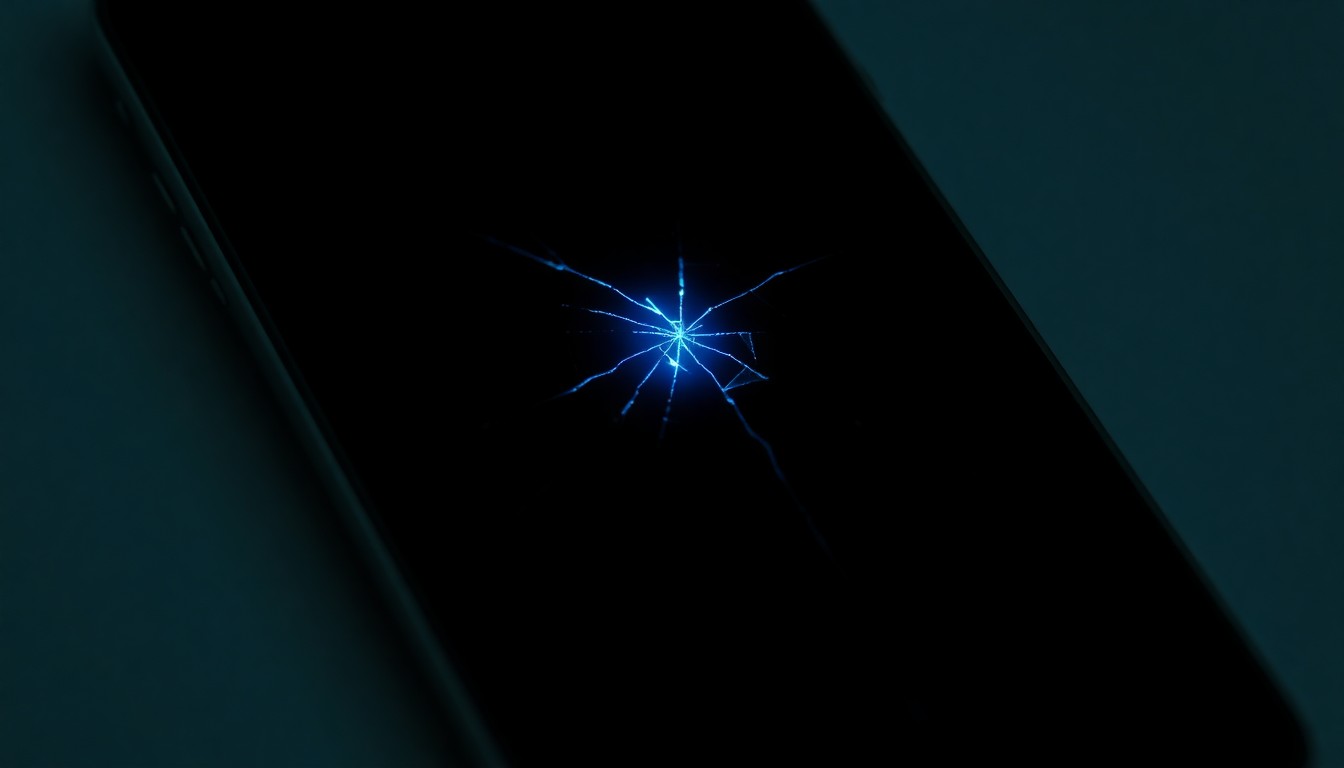 An extreme close-up photograph of a cracked smartphone screen reflecting a faint blue light, conceptually representing the disturbing digital trail left by a suspected child predator.