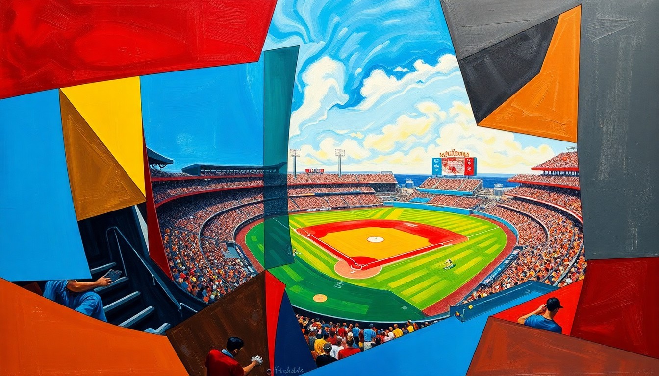 A cubist, geometric painting depicting a baseball game, with overlapping planes of color and shape representing the dynamic action on the field.