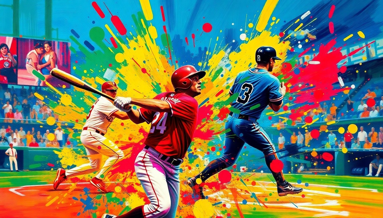 An abstract expressionist painting in vibrant neon colors, with dynamic brushstrokes and fragmented forms representing the excitement and intensity of a baseball game.
