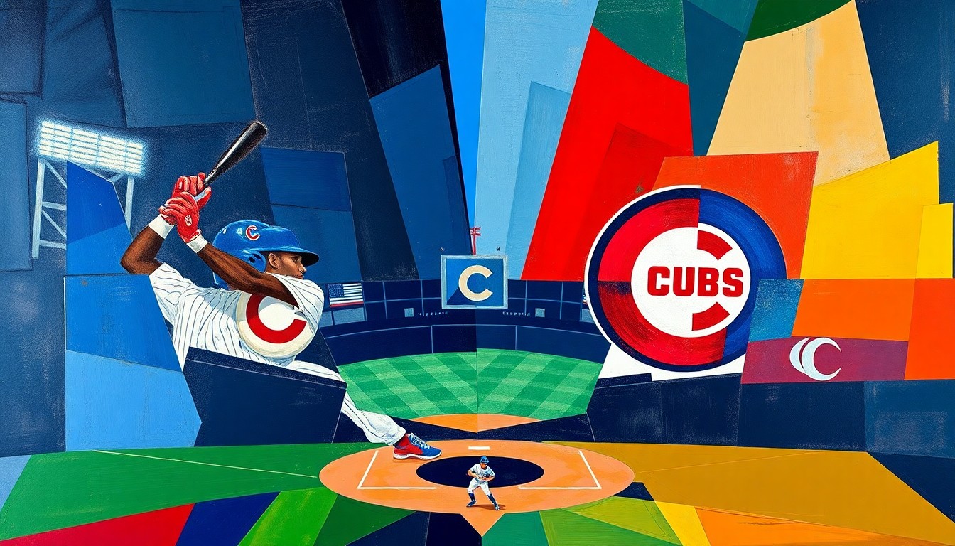 A fractured, multi-perspective painting in bold, overlapping geometric shapes and planes of navy blue, red, and white (Guardians colors) and blue and red (Cubs colors), conceptually representing the intensity and drama of a baseball game between the two teams.