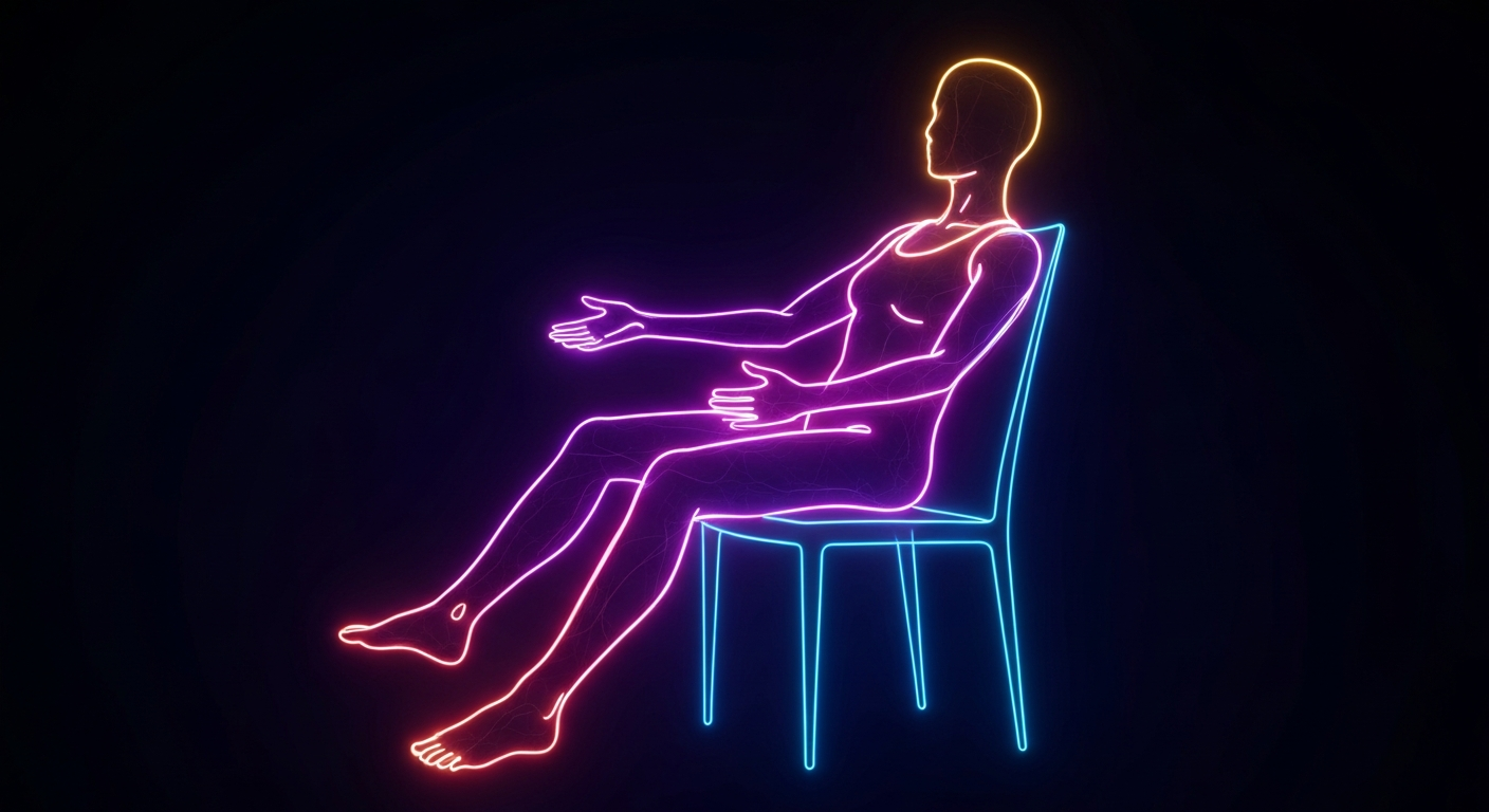A minimalist, glowing neon outline of a person sitting in a chair, their body flowing with movement, representing the active spirit of chair yoga as a practice that has provided healing and purpose.