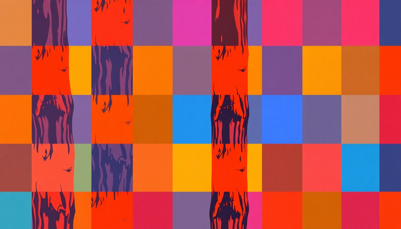 A brightly colored, high-contrast silkscreen print featuring a single, iconic cottonwood tree trunk repeated in a tight grid pattern, capturing the resilience and beauty of this historic natural landmark.