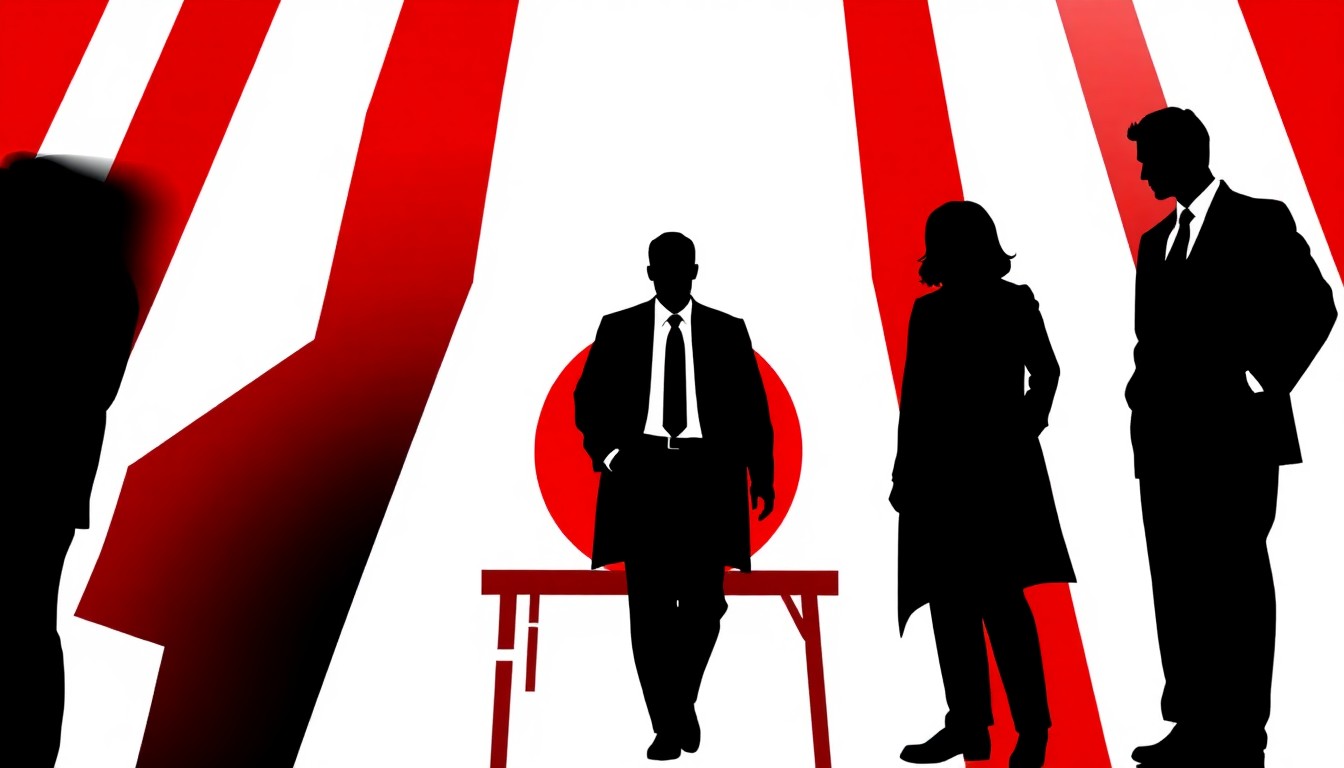 An abstract, minimalist illustration featuring bold, jagged shapes and silhouettes in high-contrast colors, conceptually representing the cast changes and medical themes of the TV series 'The Pitt'.