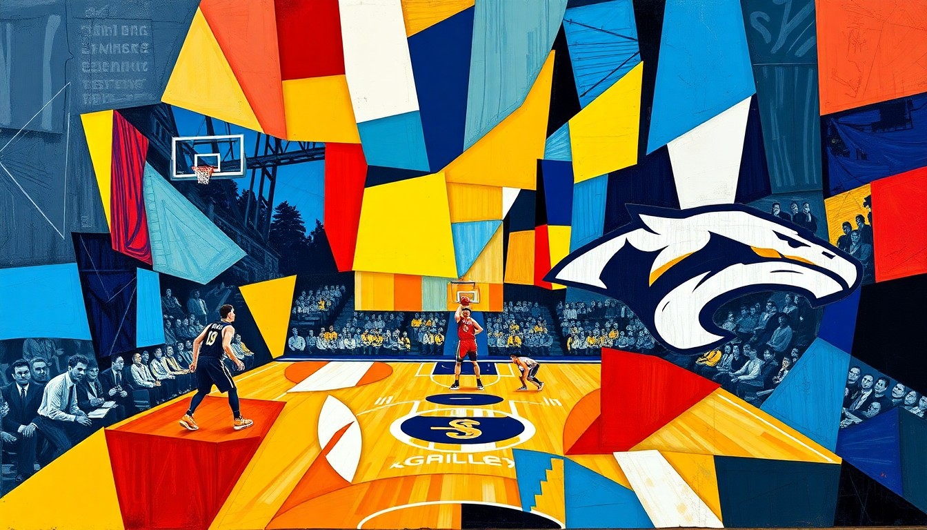 A fragmented, geometric painting depicting a basketball game or match, with sharp planes of blue, yellow, and red representing the colors of the Memphis Grizzlies and Nashville Predators. The image conveys a sense of tension and uncertainty surrounding the future of the Grizzlies franchise.