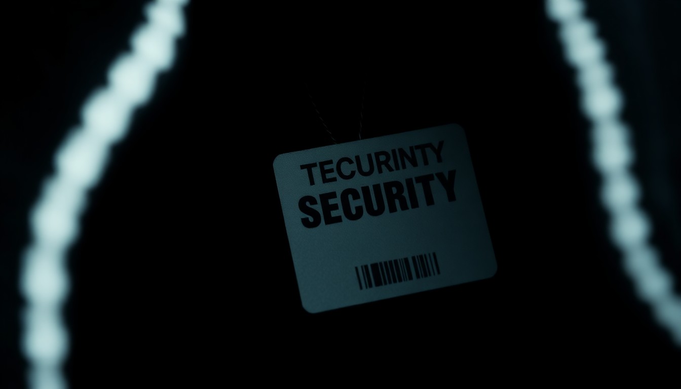 An extreme close-up photograph of a security tag from a clothing item, appearing stark and gritty against a pitch-black background, conceptually representing the investigative nature of a retail theft case.