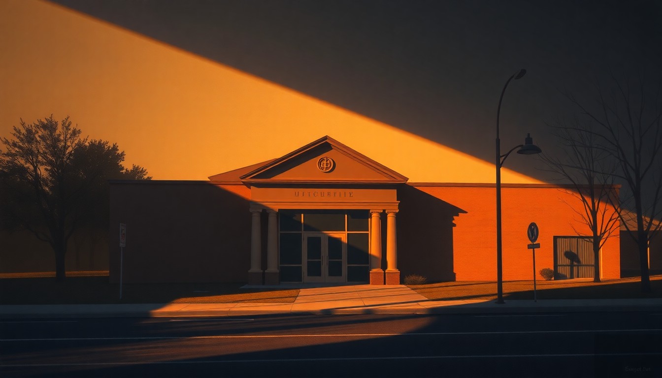A serene painting of a public library building in warm, golden light, conveying the civic significance of local planning decisions.