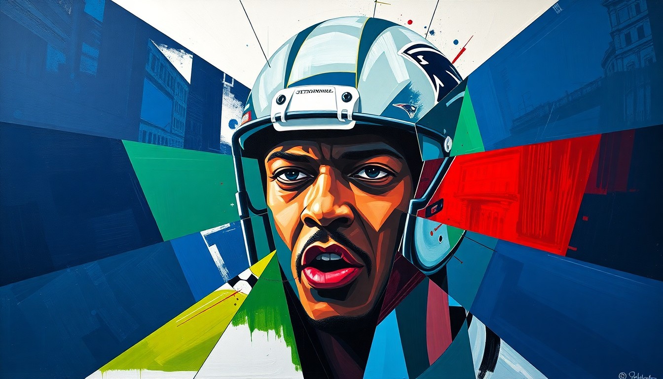 A fractured, geometric painting in bold colors depicting the highlights of Stephon Gilmore's football career, including his Super Bowl win and Defensive Player of the Year award.