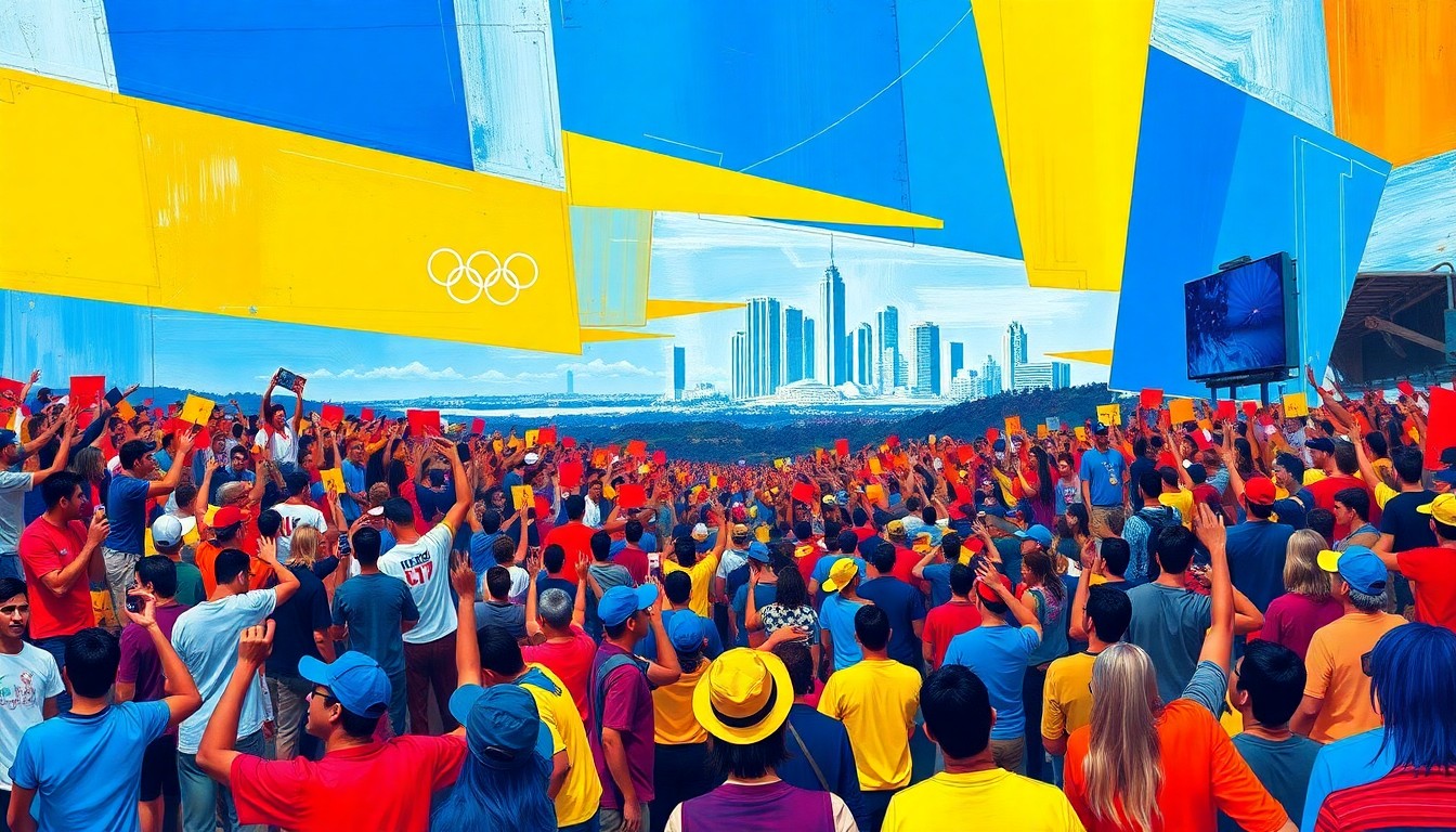 A fractured, cubist-style painting depicting a crowd of enthusiastic Olympic fans and the iconic Los Angeles skyline, broken down into sharp, overlapping geometric shapes and planes of vibrant blue, yellow, and red colors.