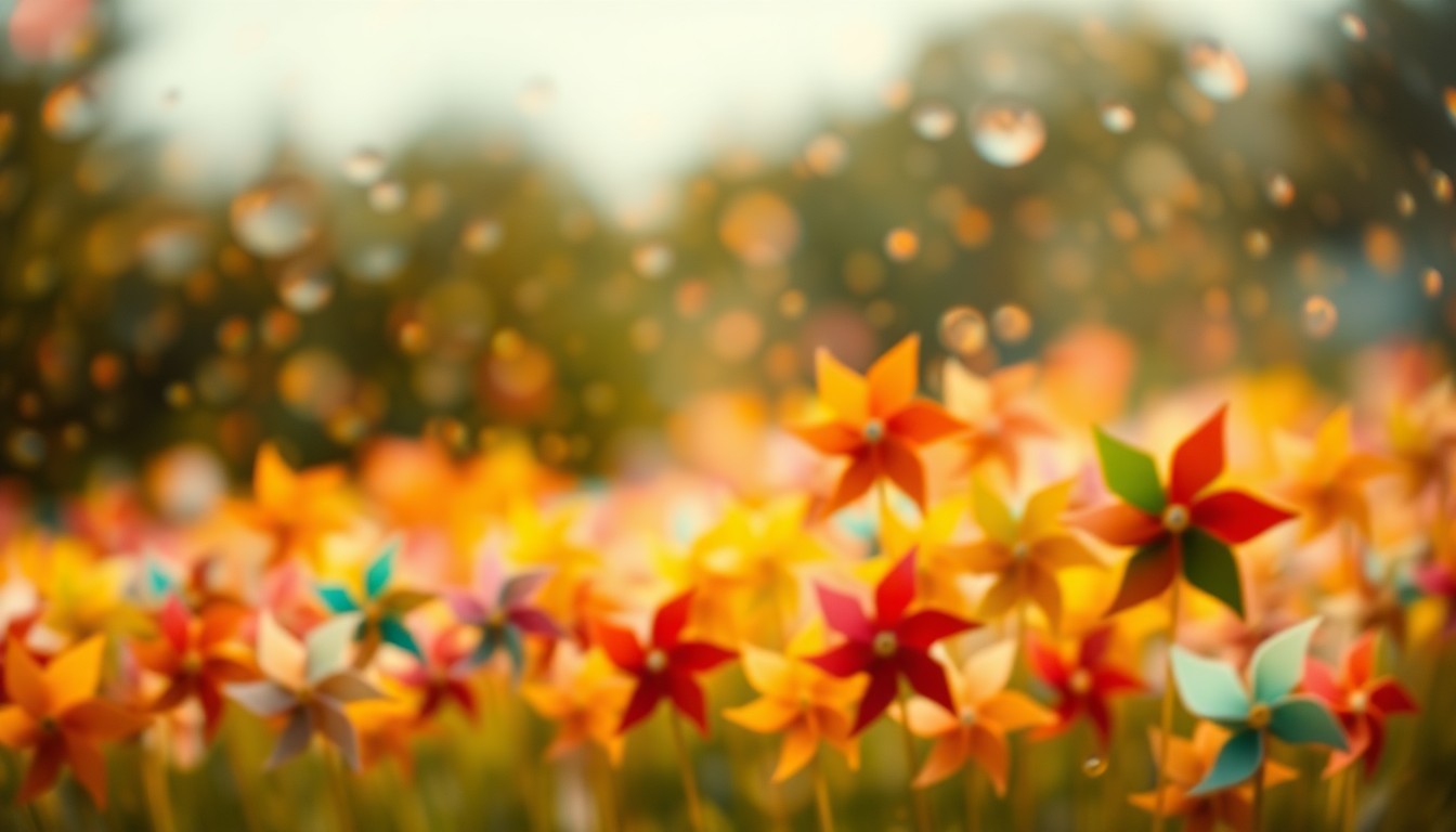 An abstract, impressionistic photograph of a field of colorful pinwheels blurred and softened by condensation, conveying a sense of fragility and the need to nurture and safeguard childhood.