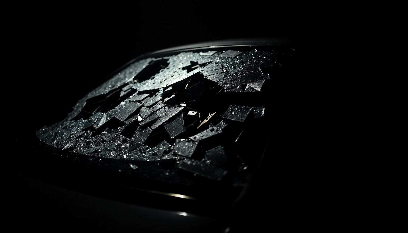 An extreme close-up photograph of a shattered car windshield or other damaged vehicle component, capturing the harsh, gritty details of the crash scene.