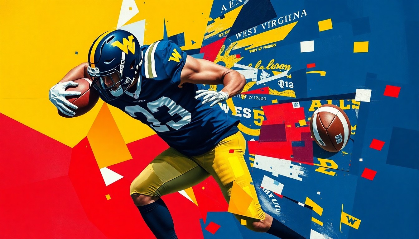 A fragmented, geometric painting depicting a football player in mid-action, with sharp, overlapping planes of color representing the player's movement and the intensity of the sport.