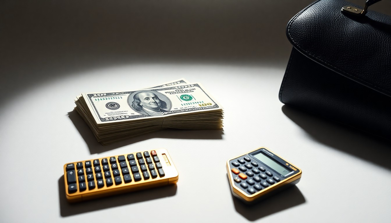 A minimalist studio photograph featuring a stack of $100 bills, a gold-plated calculator, and a black leather briefcase, conceptually representing the high salaries of Charlotte city workers.