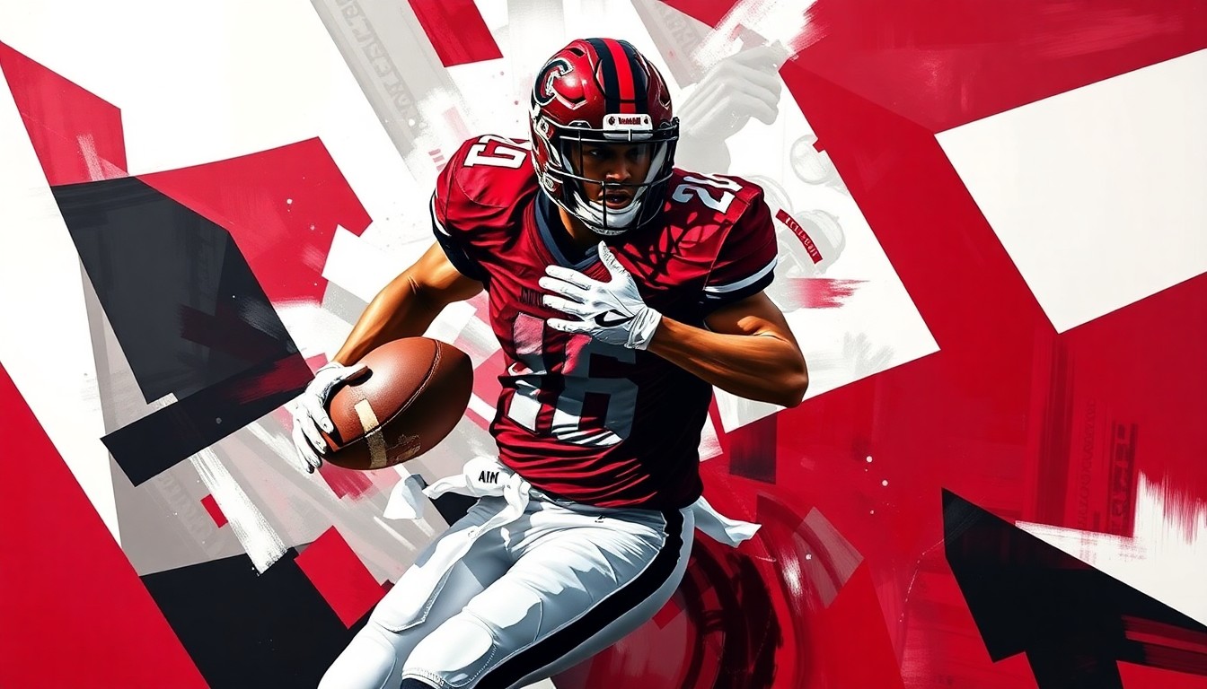 A cubist, geometric painting depicting a football player in motion, broken down into sharp, overlapping planes of garnet, black, and white colors.