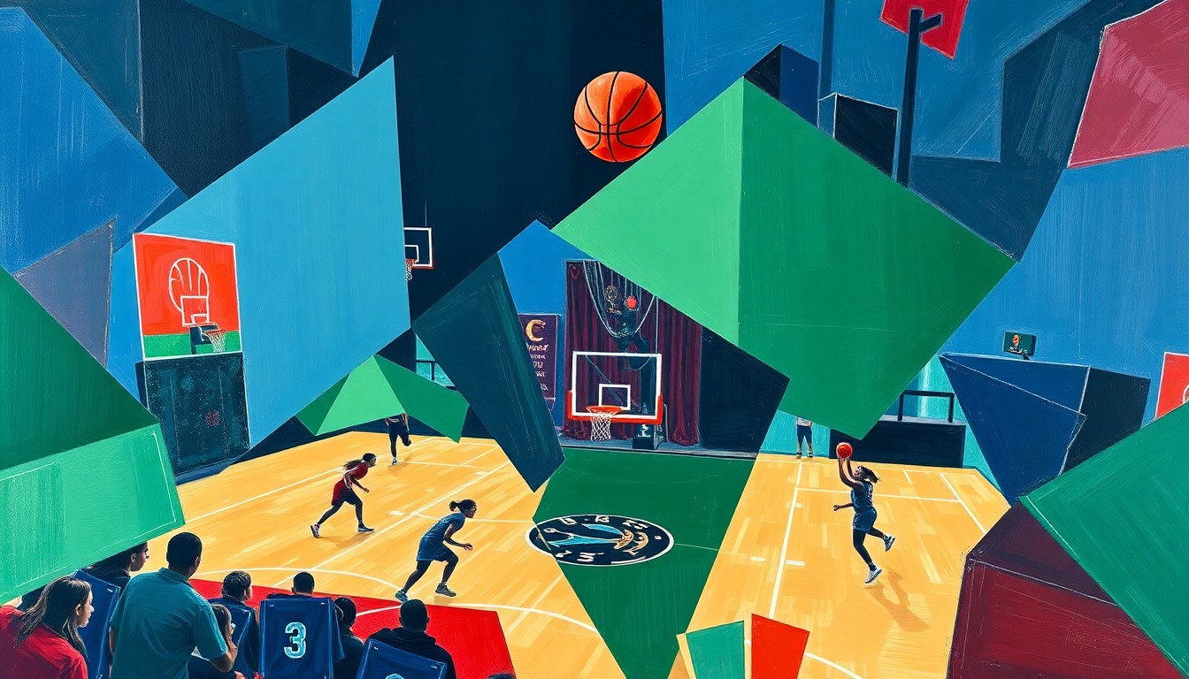 A cubist, geometric painting depicting a fragmented basketball game, with sharp planes of navy, green, and red overlapping to create a dynamic, abstract composition.